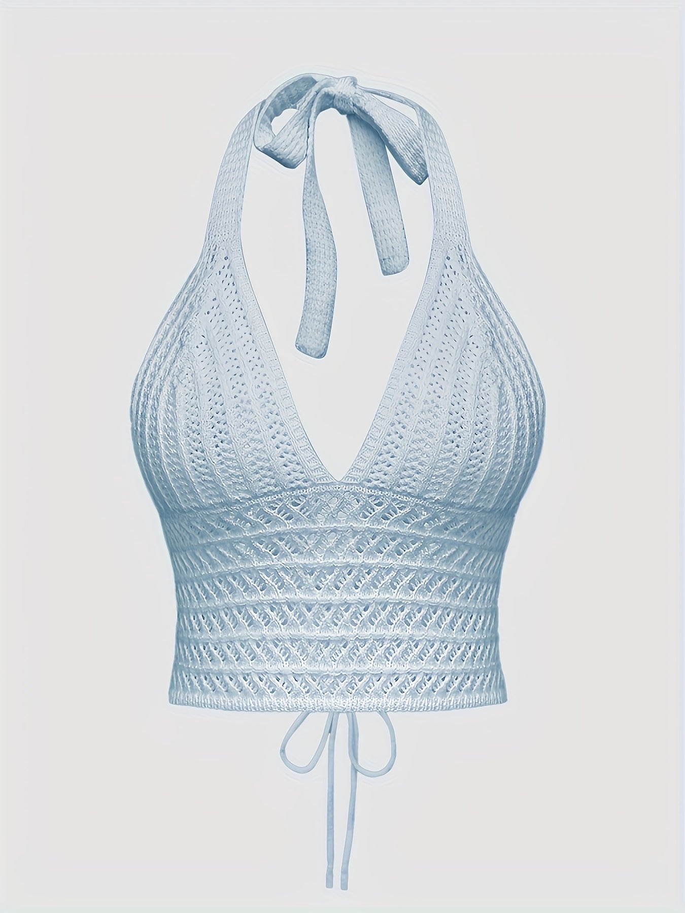 Solid Cross Tie Back Halter Top, Versatile V-neck Backless Crop Knitted Top, Women's Clothing